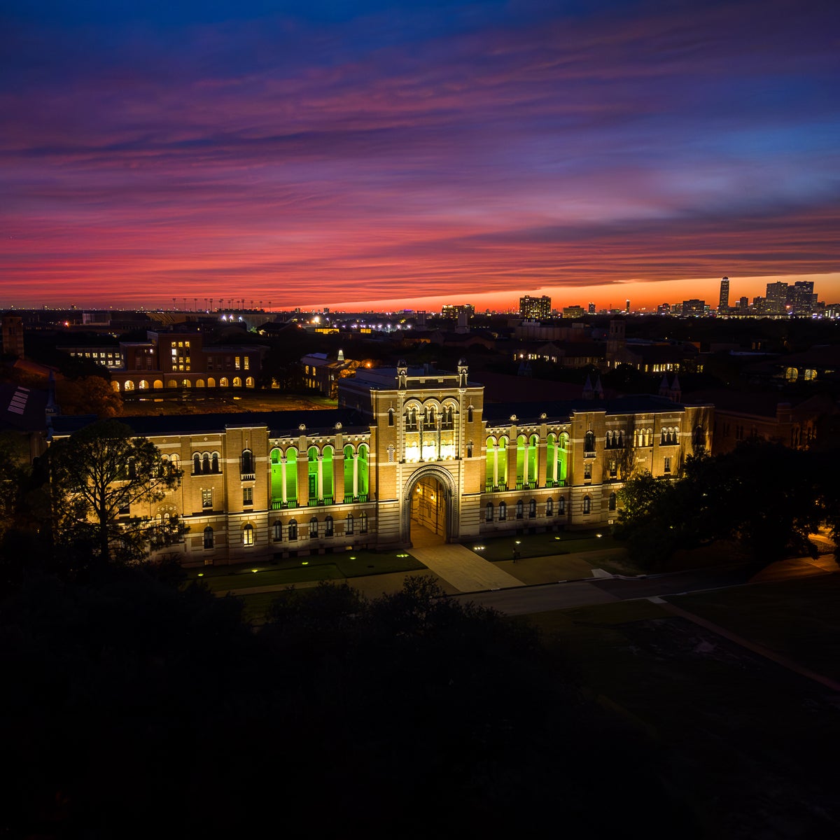 Aerial view of Rice University's Lovett Hall at sunset