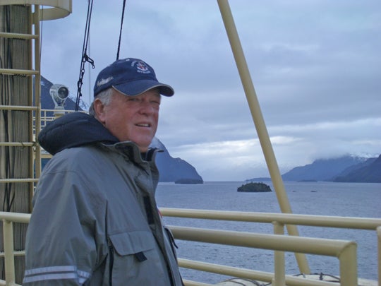 John Anderson on the deck of the research vessel Nathaniel B Palmer off the Antarctic coast