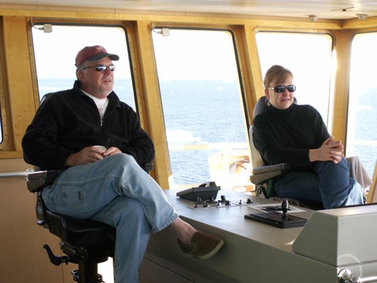 John Anderson and Rice alumna Julia Wellner ’01 on the bridge of RV Nathaniel B Palmer in the early 2000s