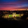 Aerial view of Rice University's Lovett Hall at sunset